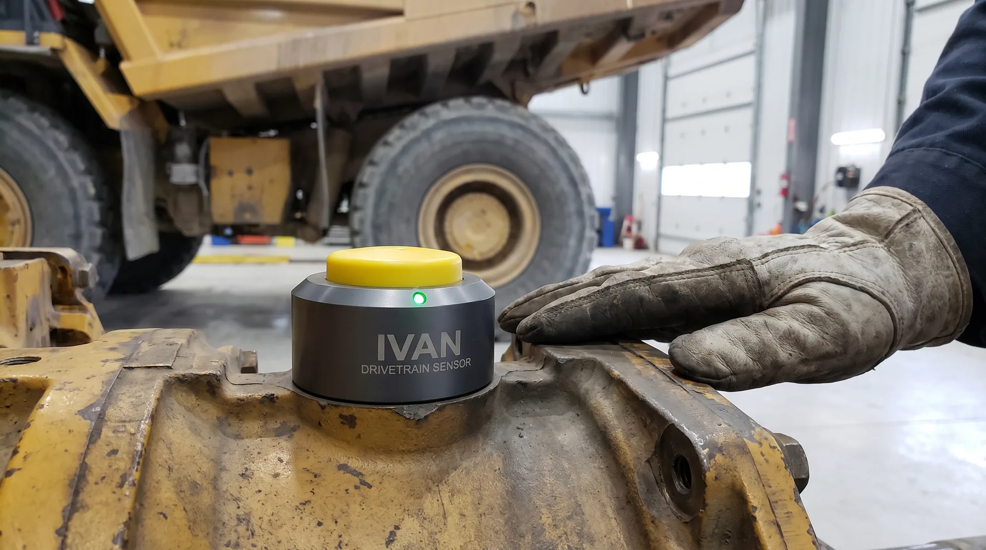 A technician's gloved hand rests beside a freshly fitted IVAN sensor on a transmission housing in a mine maintenance shop, with an articulated truck behind.